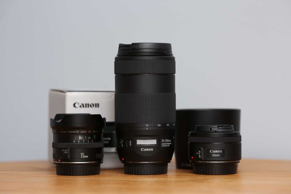 Obiektyw Canon 15 2.8 fisheye, 70-300 f/4-5.6 II USM IS, 50mm 1.8 STM