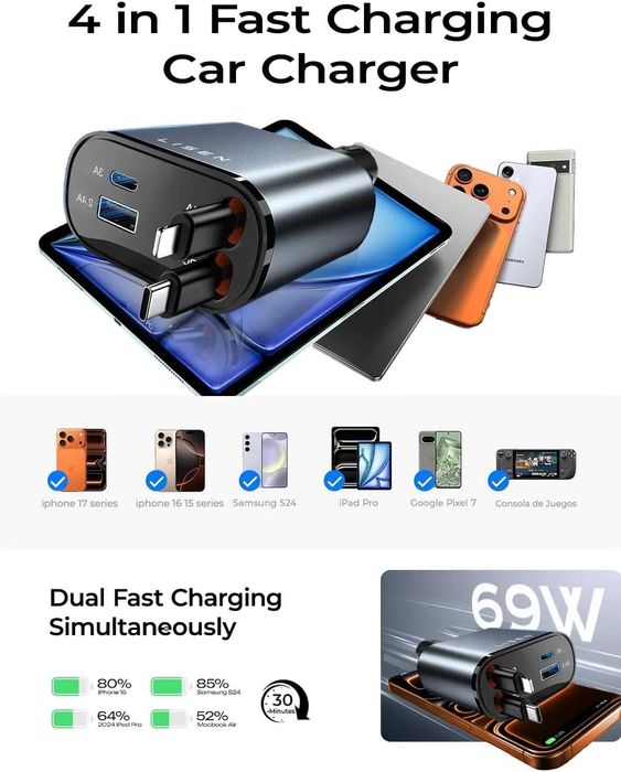 LISEN Zapalniczka samochodowa USB C Ładowarka samochodowa 69 W