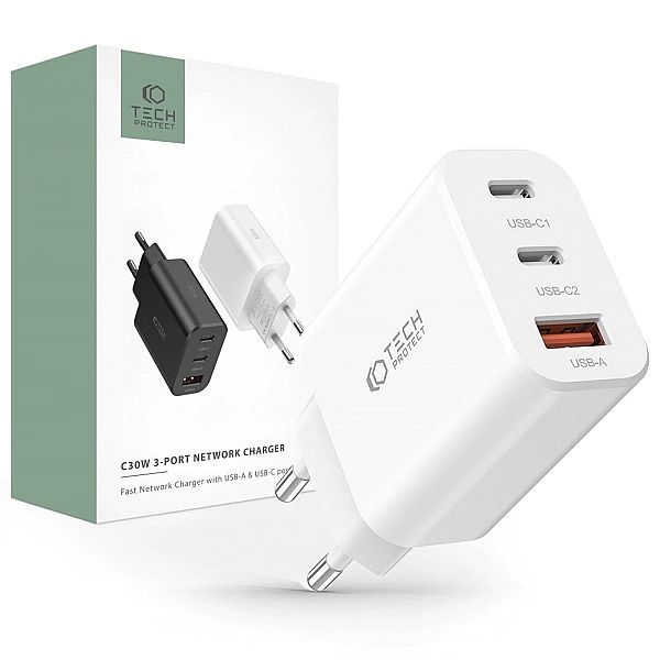 Tech-Protect C30W 3-Port Network Charger Pd30W/Qc3.0 White