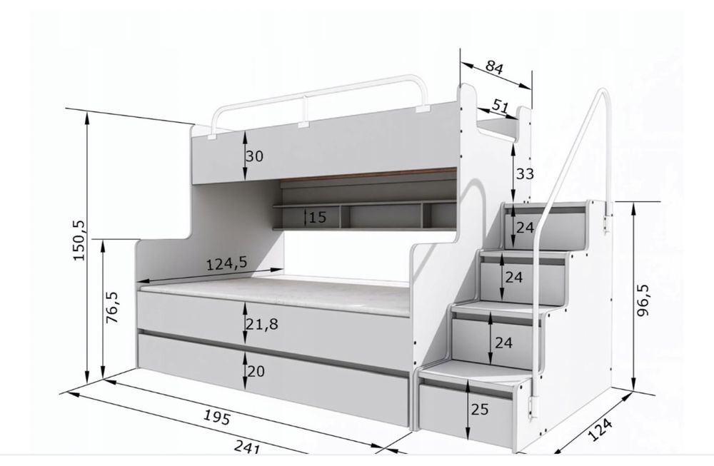Łóżko piętrowe, 3-osobowe, schody, pojemnik na pościel