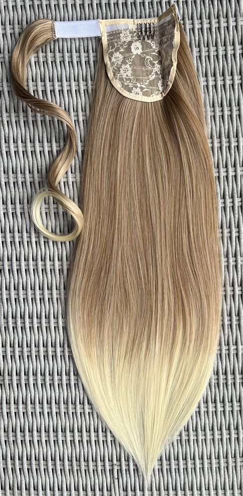 Premium Ultra włosy doczepiane, blond / ombre, kucyk, treska