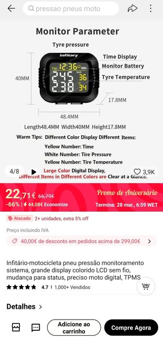 Sensor pressão de pneus para motociclo