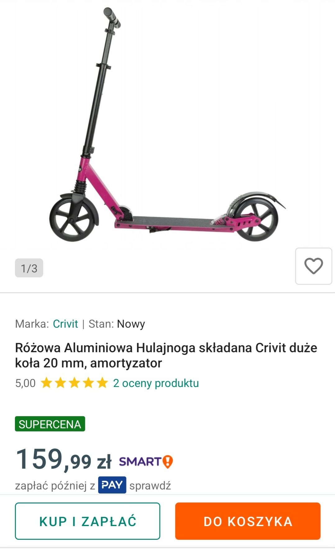 Różowa Aluminiowa Hulajnoga składana Crivit duże koła 20 mm,amortyzat