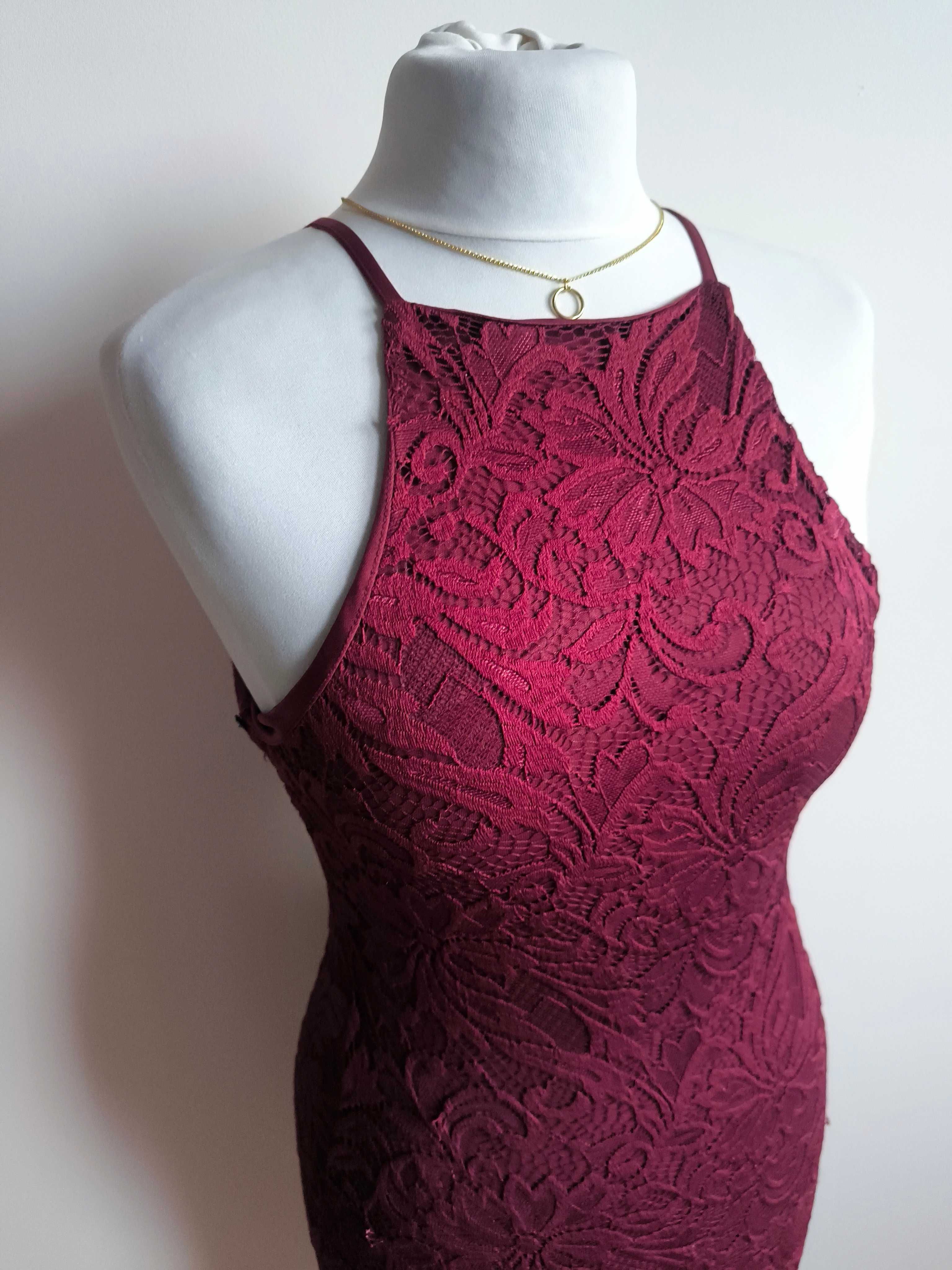 Bordowa elegancka koronkowa sukienka marki New Look w rozmiarze S/36