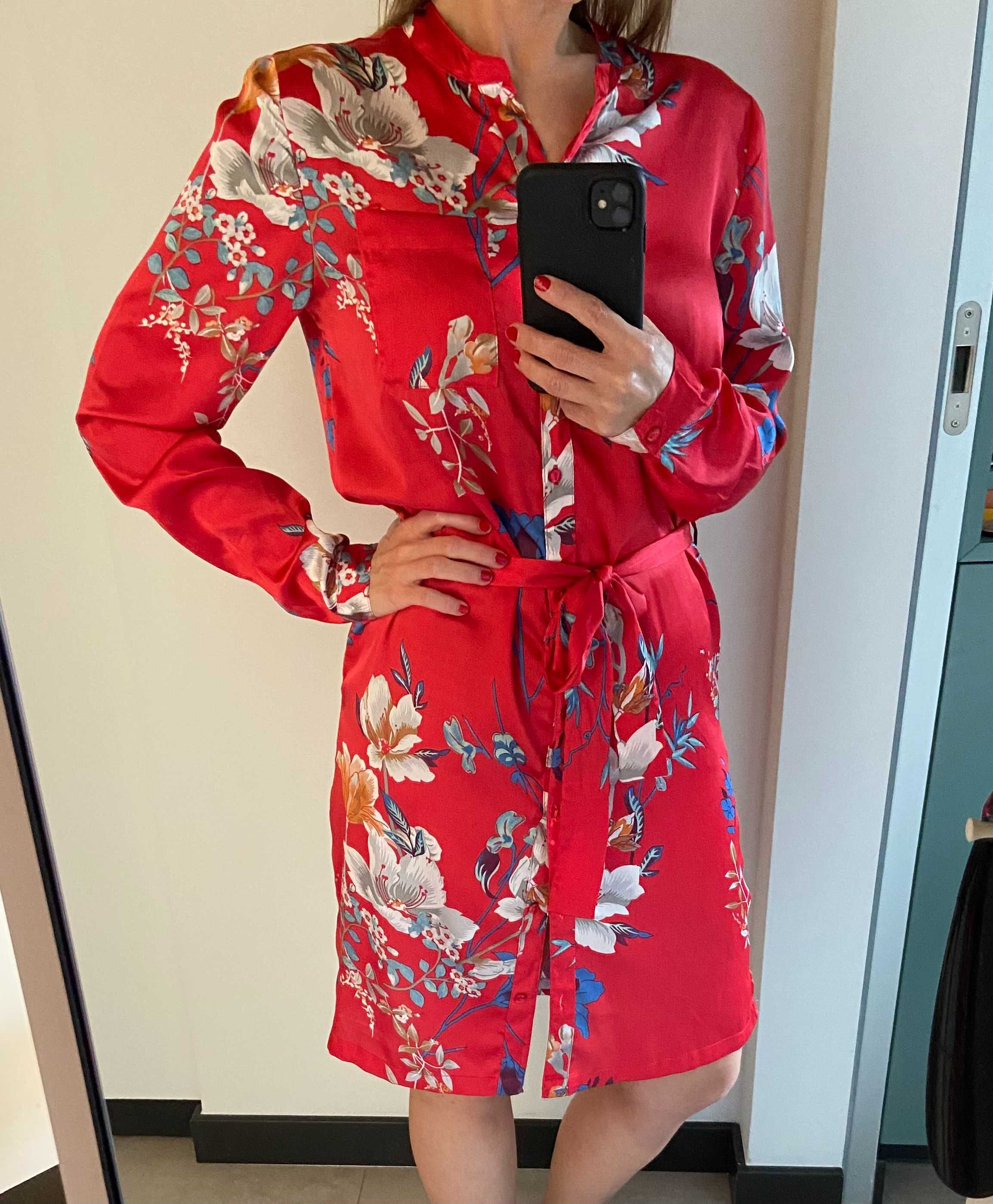 OBJECT sukienka japońska kimono szmizjerka czerwona w kwiaty rozm. 34