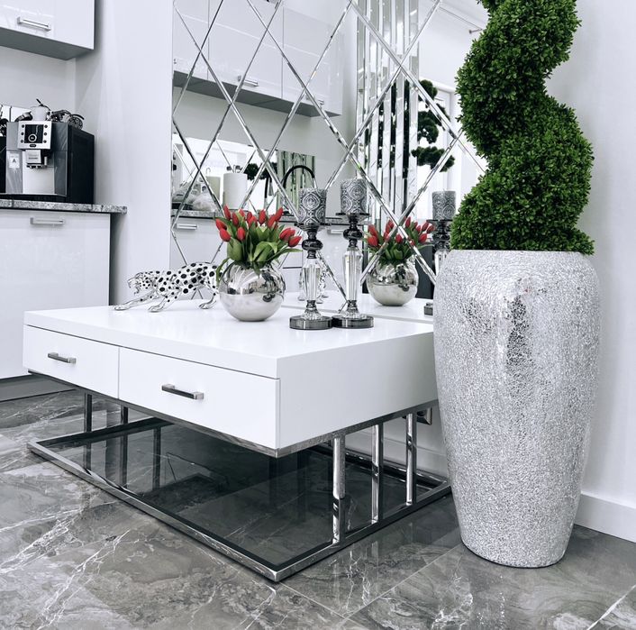 Biały srebrny stolik kawowy glamour z szufladami ze stali nierdzewnej