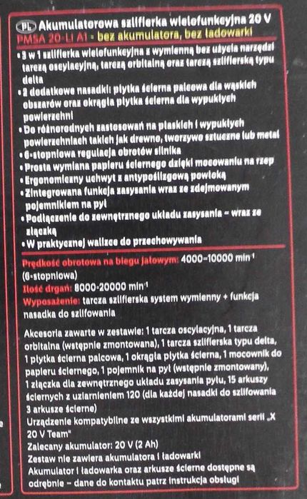 Szlifierka wielofunkcyjna 3w1 PMSA 20-Li bez akumulatora i ładowarki