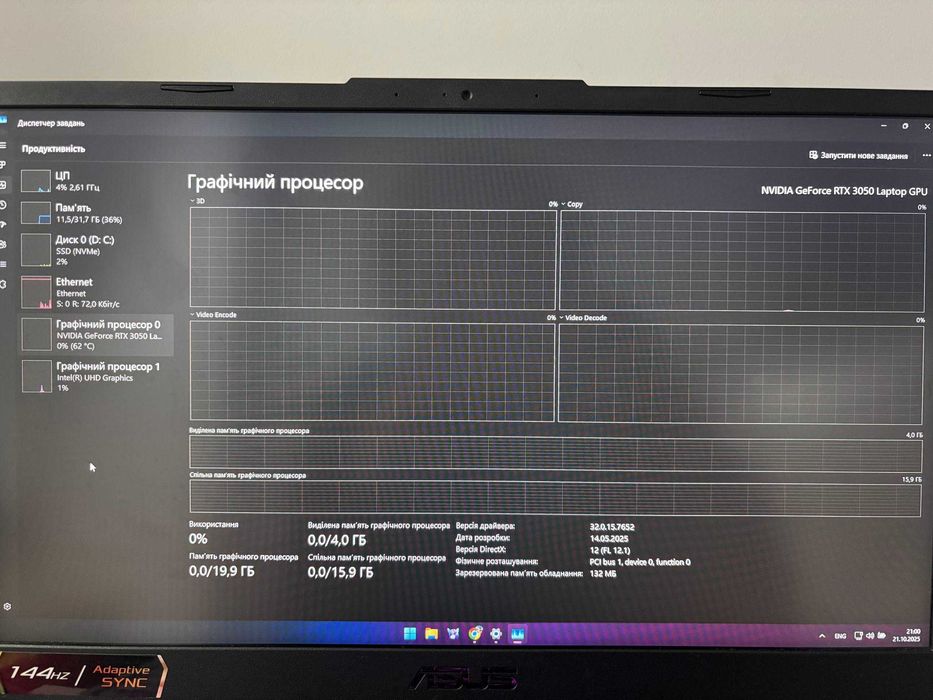 Ноутбук Asus TUF Gaming F15 FX506H, RTX 3050, i5, 32GB RAM, SSD 512GB