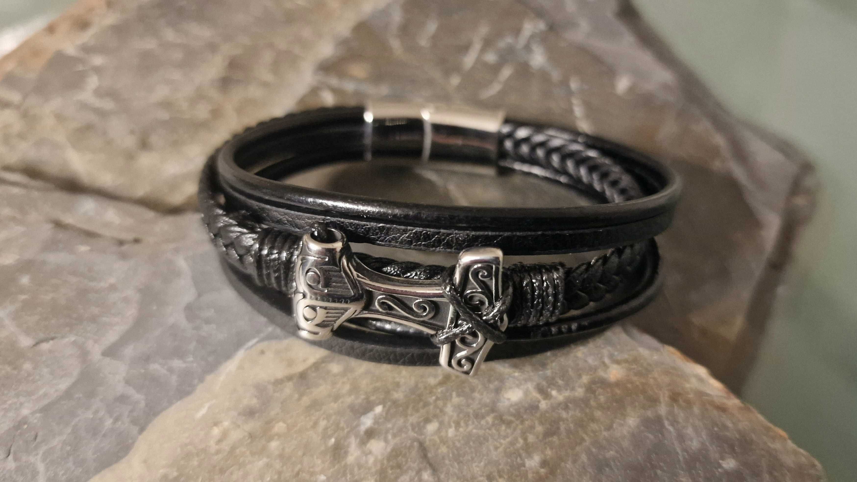 Pulseira bracelet homem viking odin thor runas masculina couro e aço