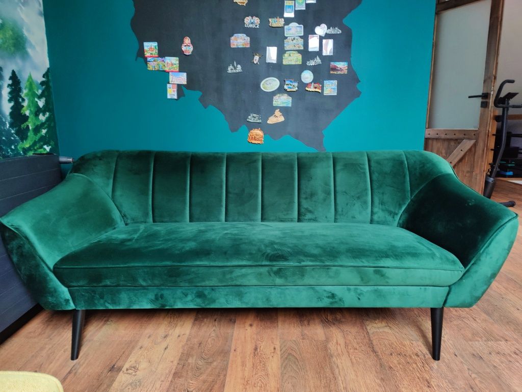 Sofa tapicerowana w stylu skandynawskim 3 osobowa butelkowa zieleń