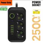 Удлинитель с евророзеткой 2м 2500W 10A 4*USB Type-C