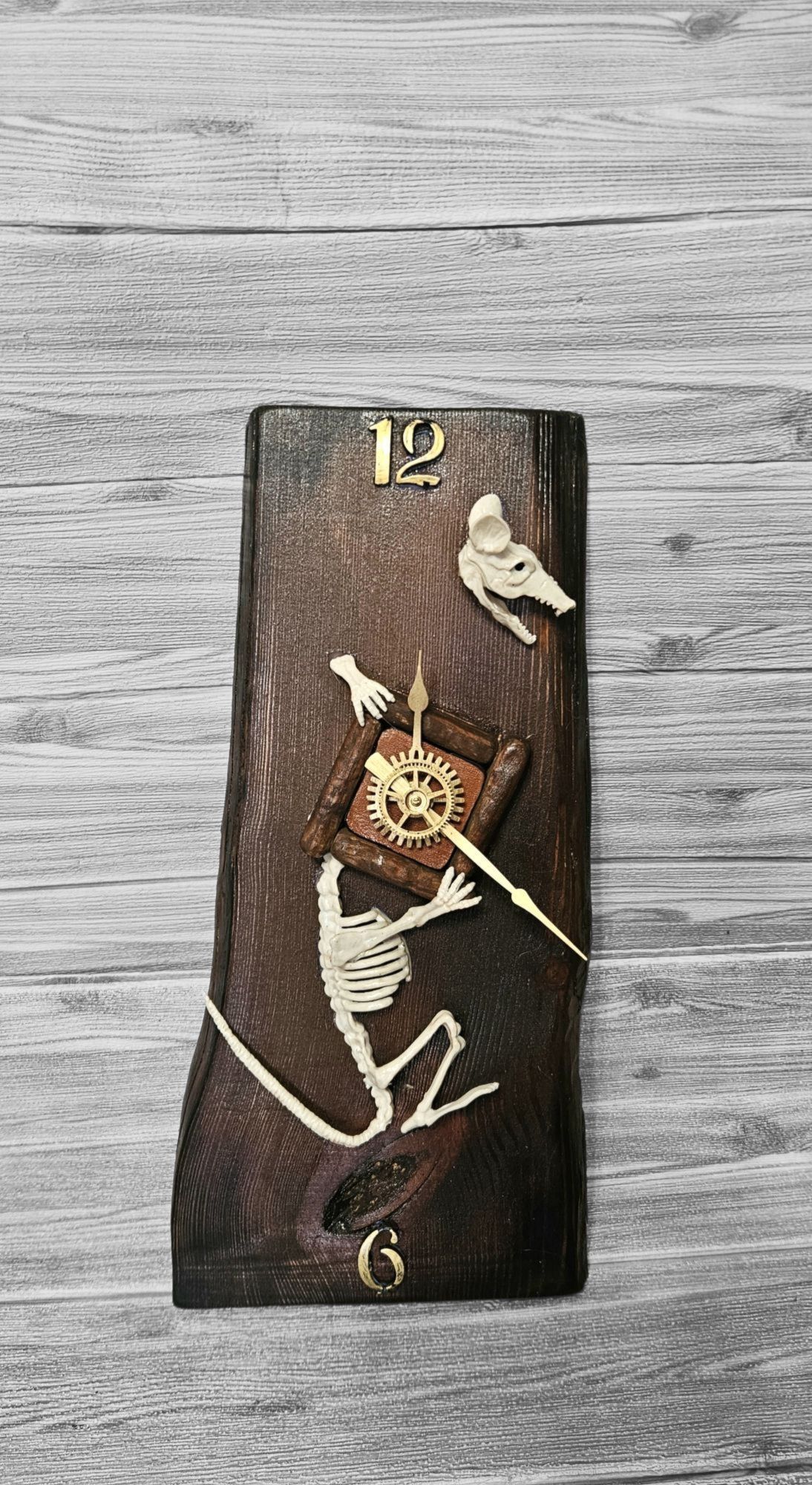 Unikat zegar ścienny drewniany czaszka szczur steampunk darkart gothic