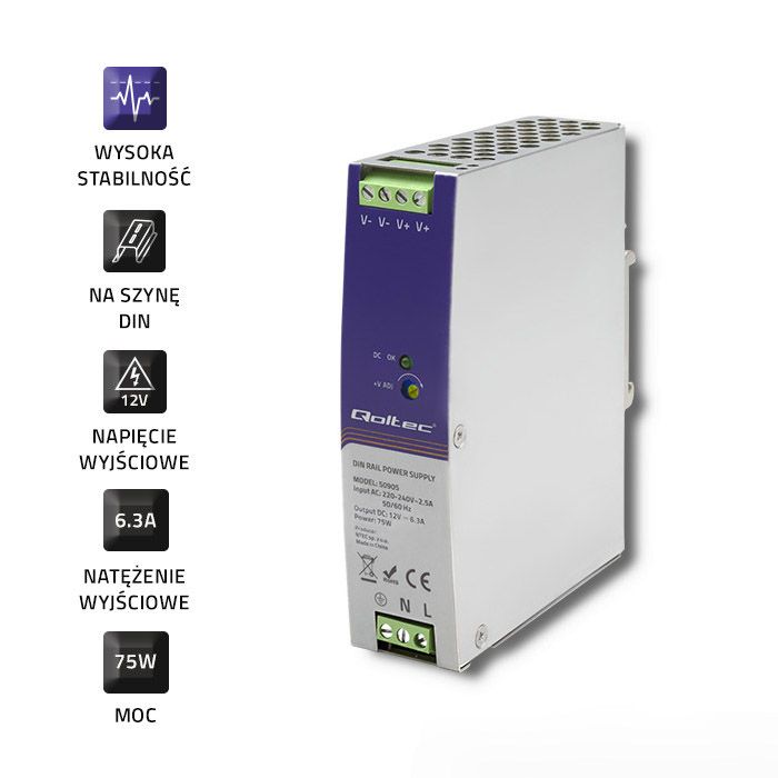 Przemysłowy zasilacz na szynę DIN 12V 75W 6.3A do taśm LED domofonu