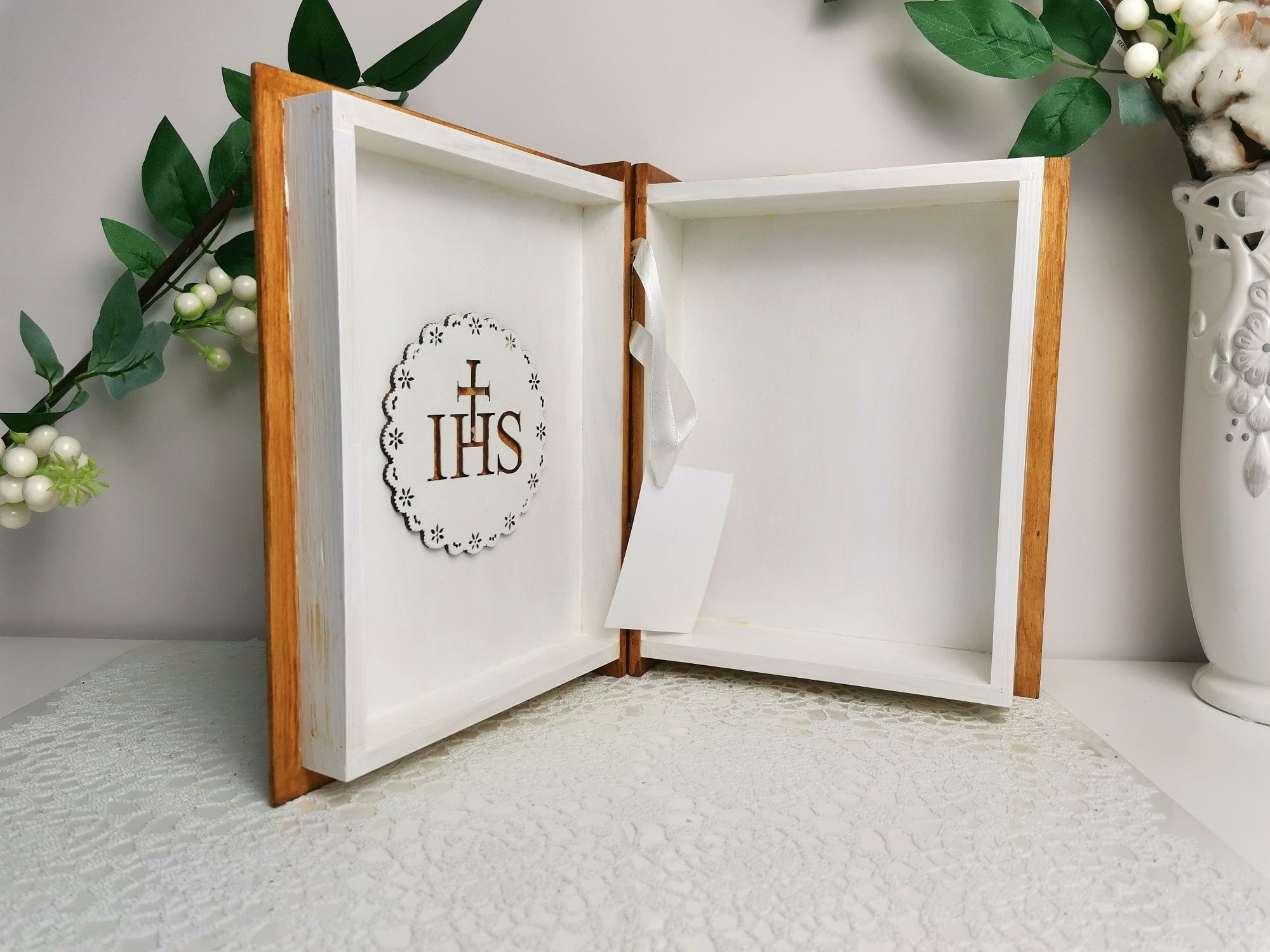 Pamiątka Pierwszej Komunii Św. Biblia pudełko drewno księga handmade