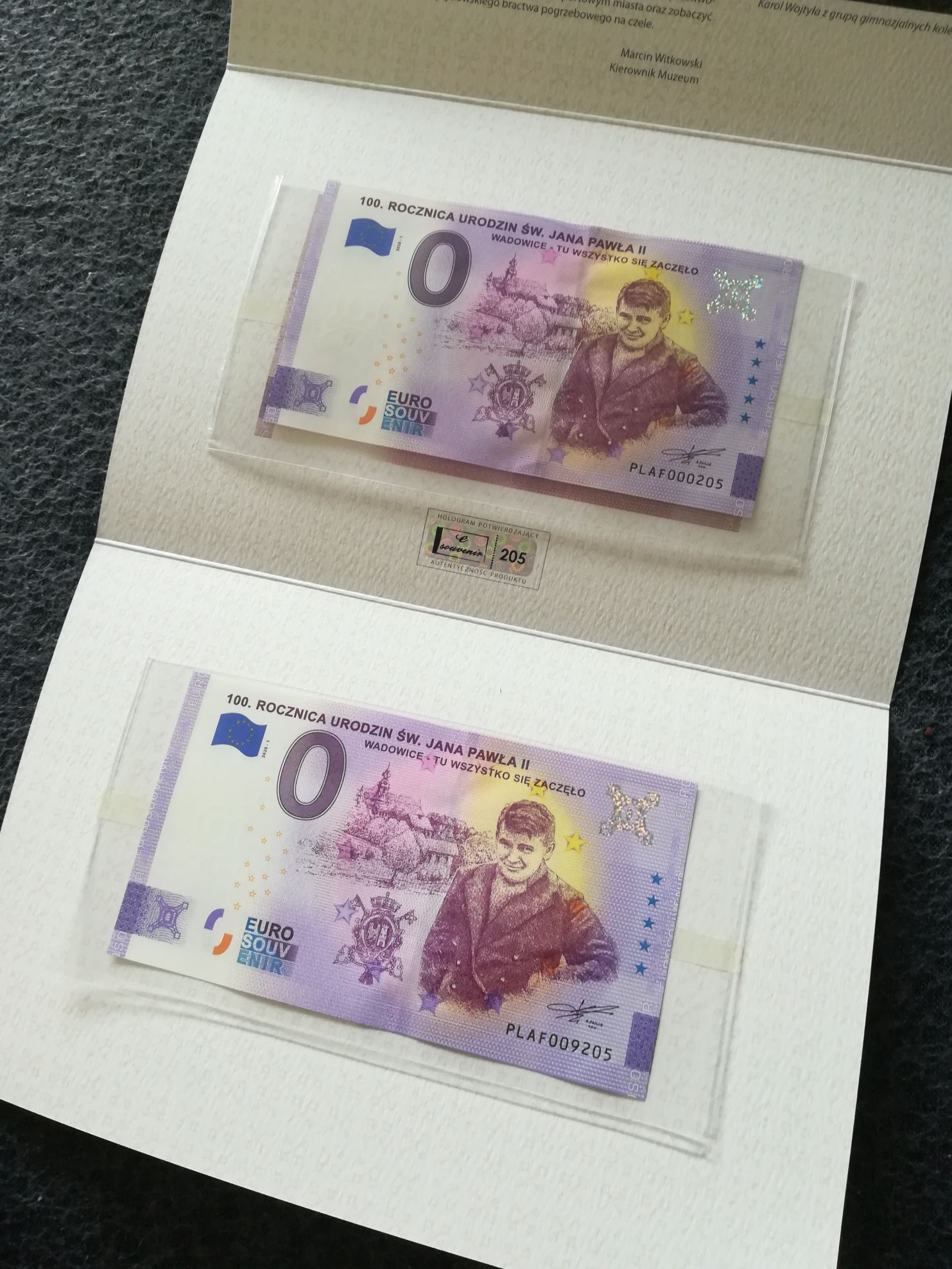 2x Banknot 0 euro Jan Paweł II, Wadowice - UNIKATOWY FOLDER! RR!