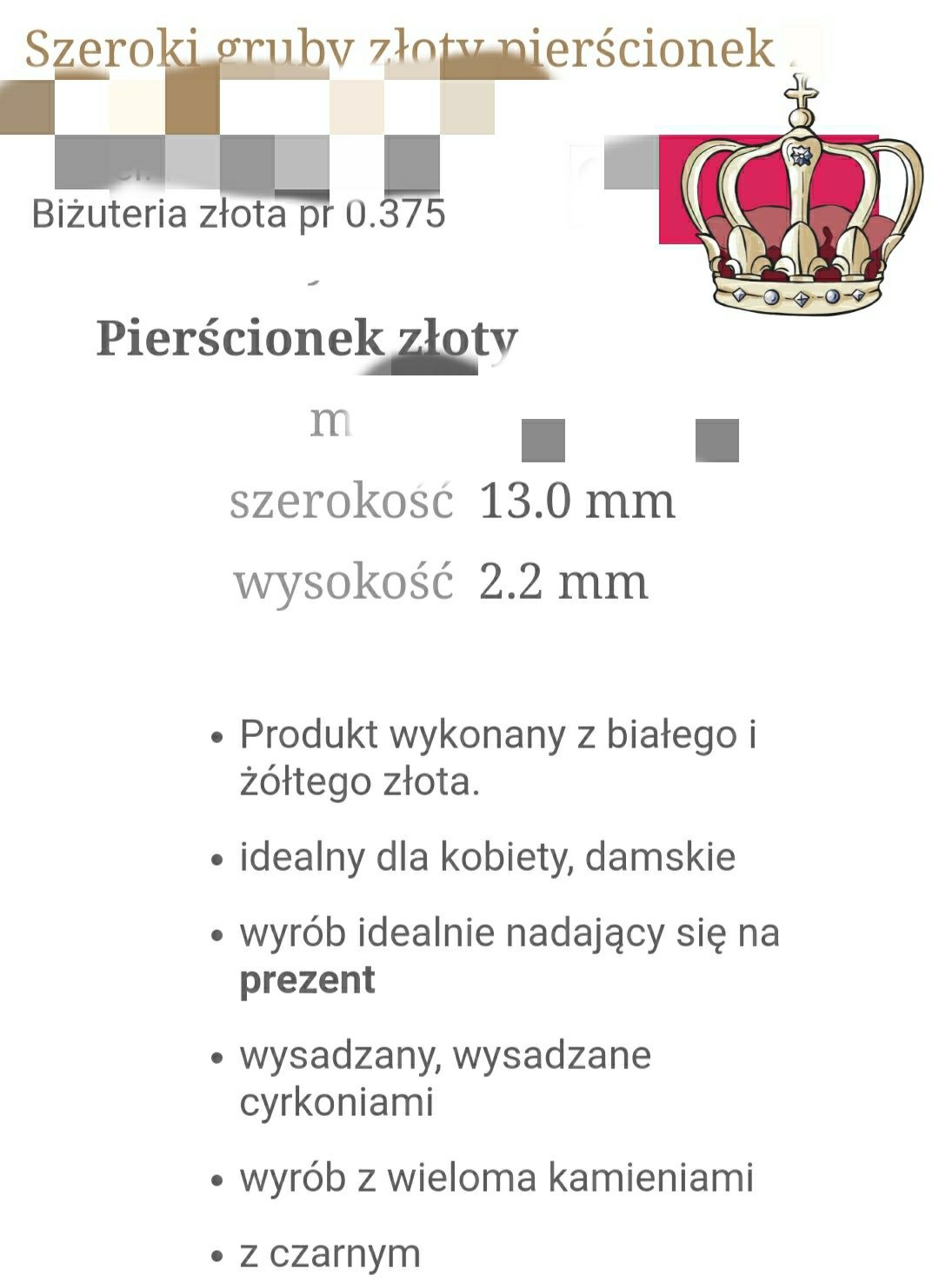 Złoty pierścionek r 22 próba 0,375