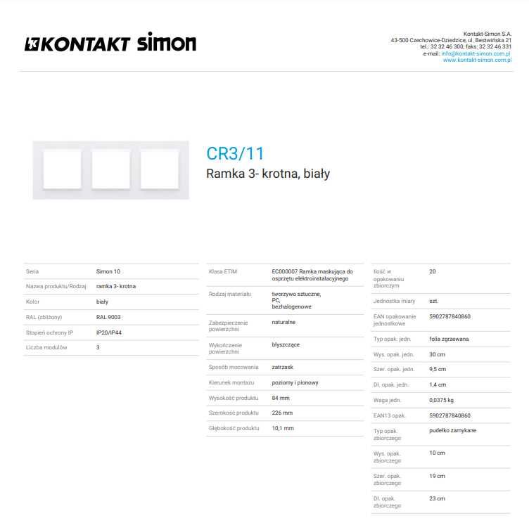 Simon 10 CR3/11 Ramka 3- krotna, biały