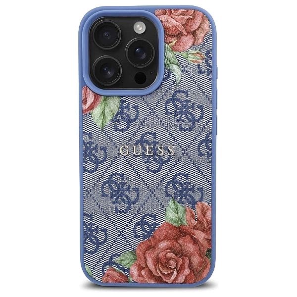 Etui Guess 4G Flowers Print MagSafe na iPhone 16 Pro - niebieskie
