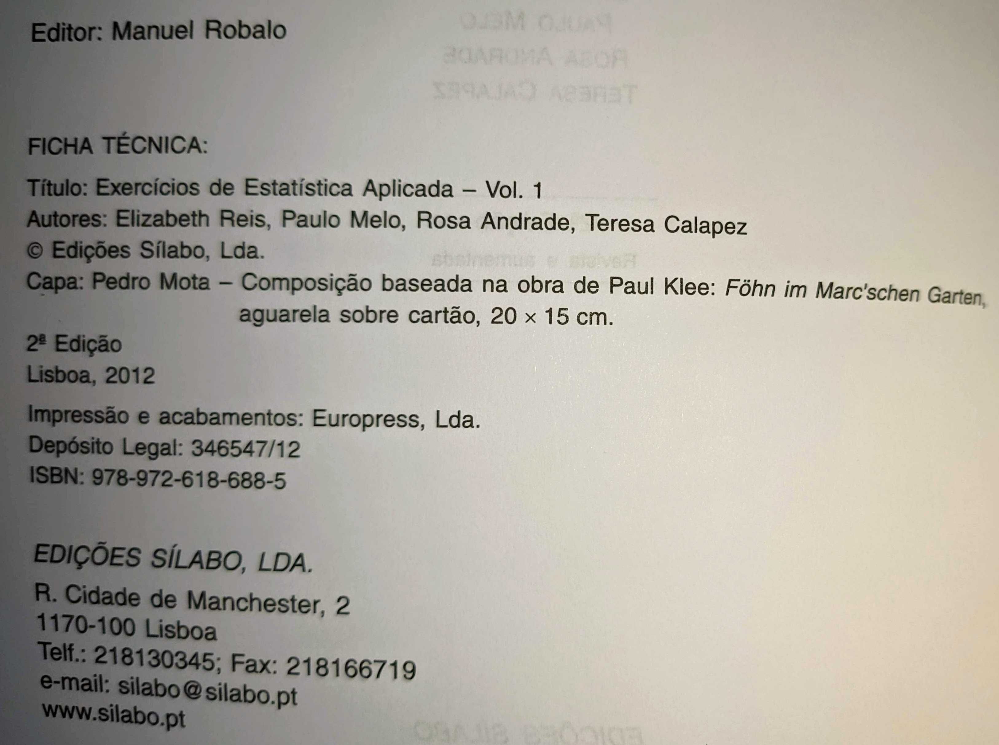 Livro Exercícios Estatística Aplicada 1 - Reis, Andrade, Calapez, Melo