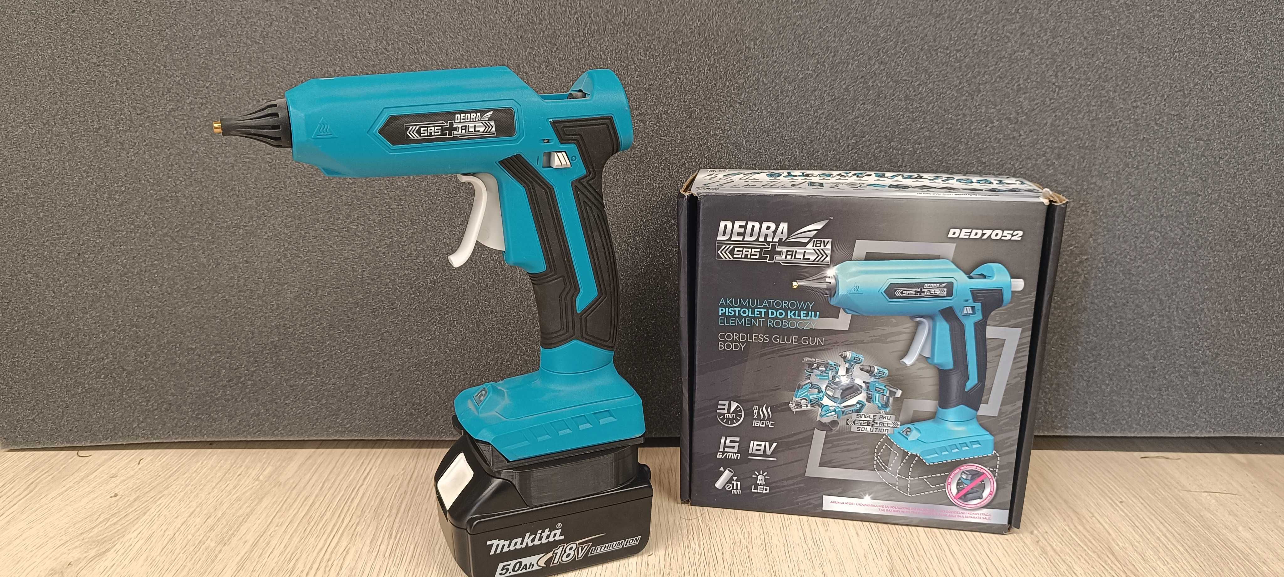 Pistolet do kleju na gorąco Dedra + adapter Dewalt Makita Milwaukee