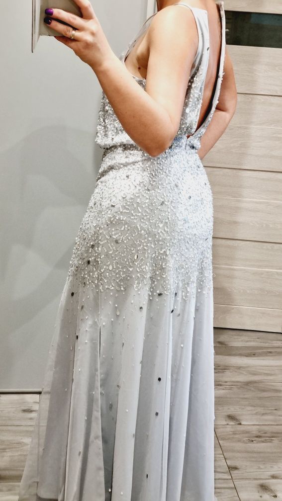 Sukienka maxi cekiny 38 srebrna