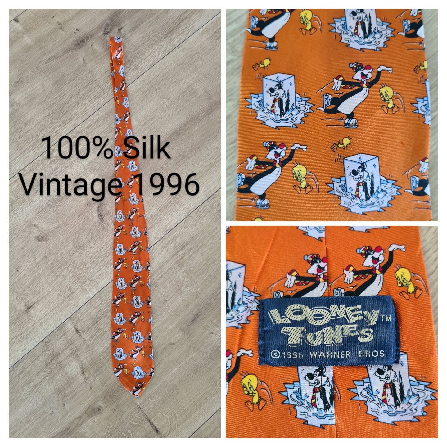 Krawat Looney Tunes 100% Silk Jedwab. Vintage 1996 rok. Kot Sylwester