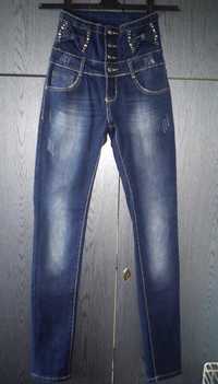 Spodnie dżinsy rurki z kokardkami wysoki stan