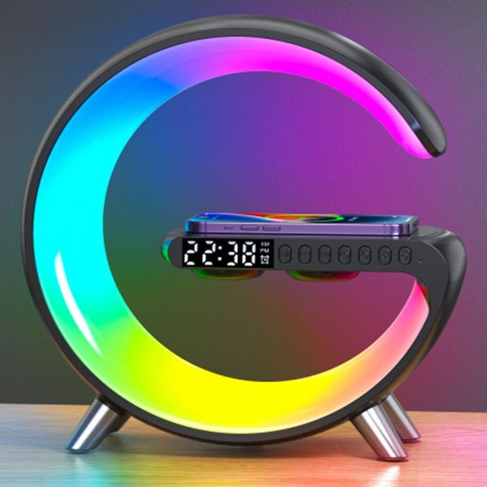 candeeiro LED com carregamento sem fio e relógio/alarme
