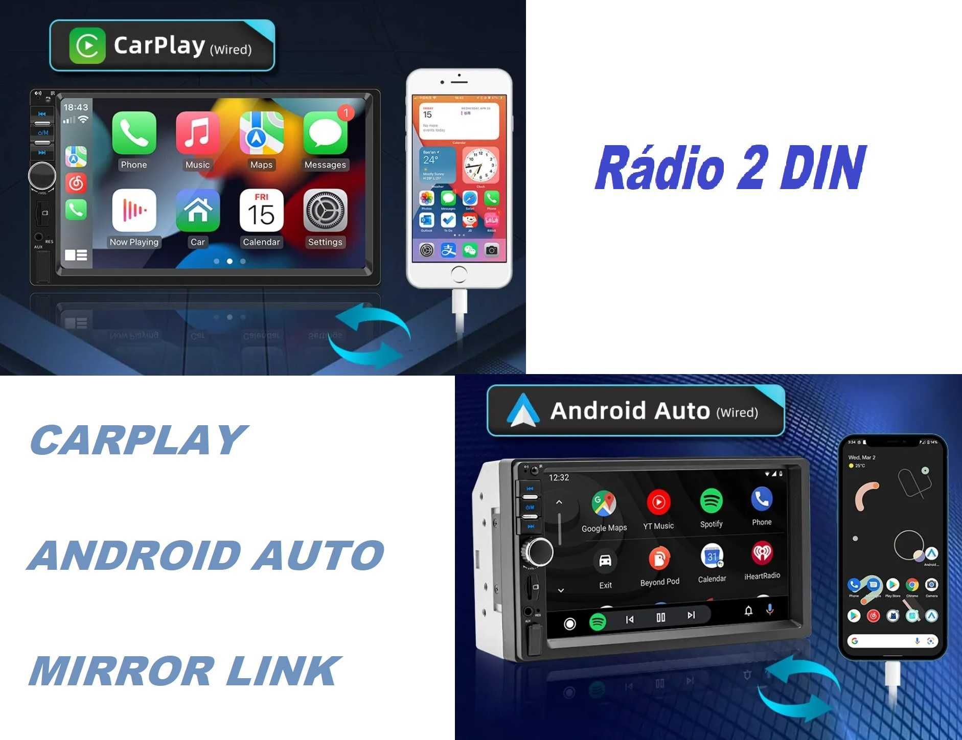 Rádio 2 Din Touch /MirrorLink/ Bluetooth/MP5/Android Auto/Ca
