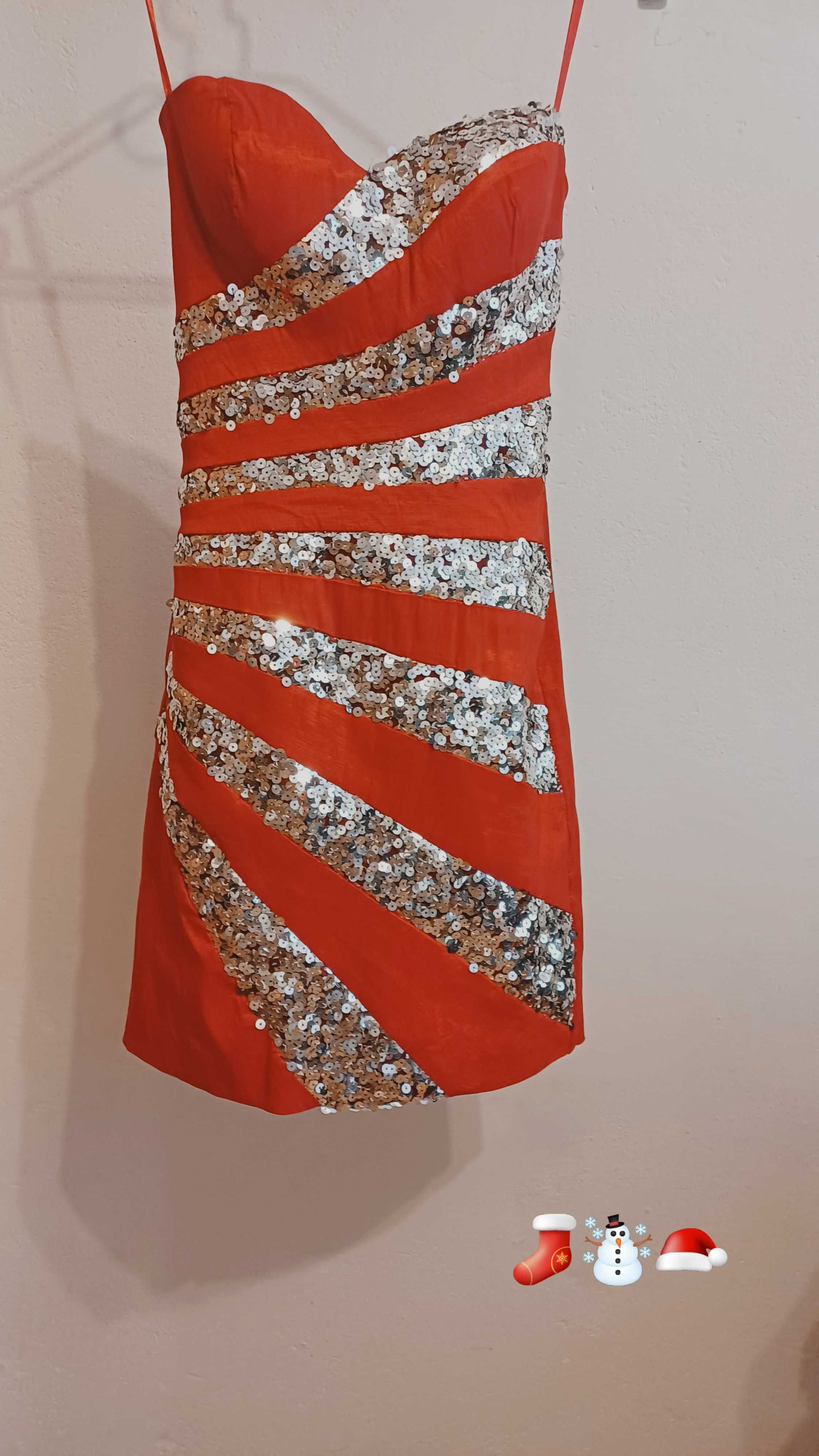 krótka mini czerwona srebrna sukienka sylwester karnawał cekiny 36 S