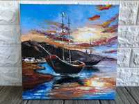 Картина Морський Пейзаж Яхти Море Захід сонця Полотно Олія 30*30