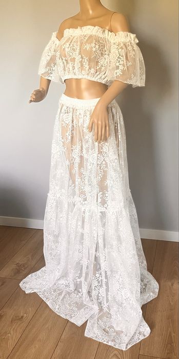 Suknia do sesji ciazowej L boho koronkowa biala
