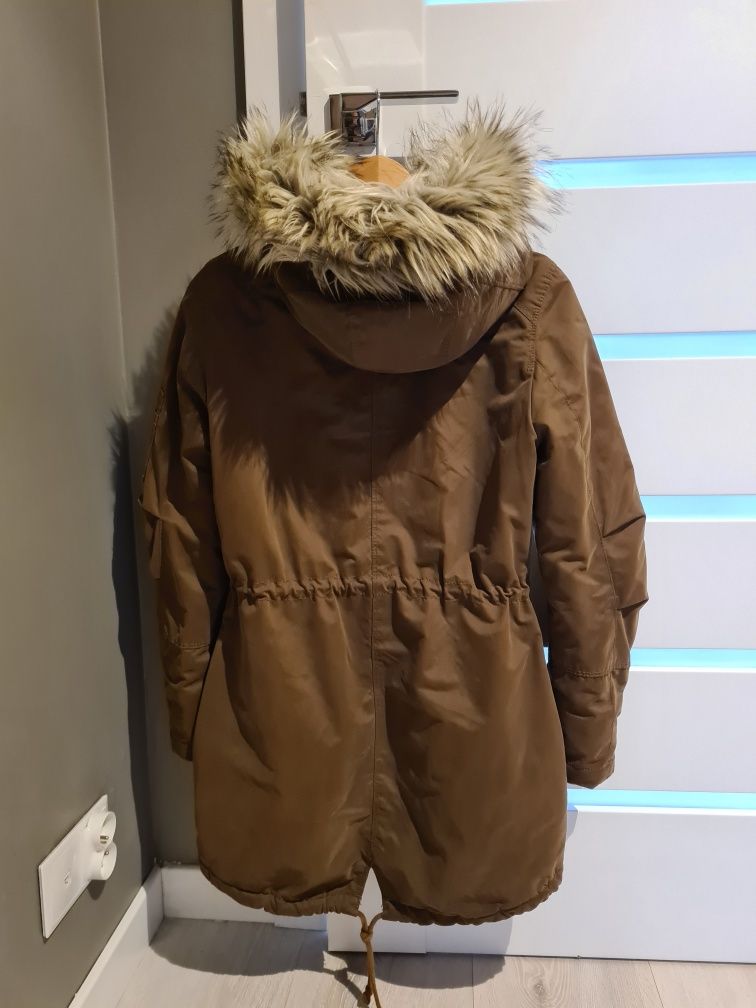 Kurtka zimowa płaszczyk H&M r. 34 XS Khaki parka futerko kaptur