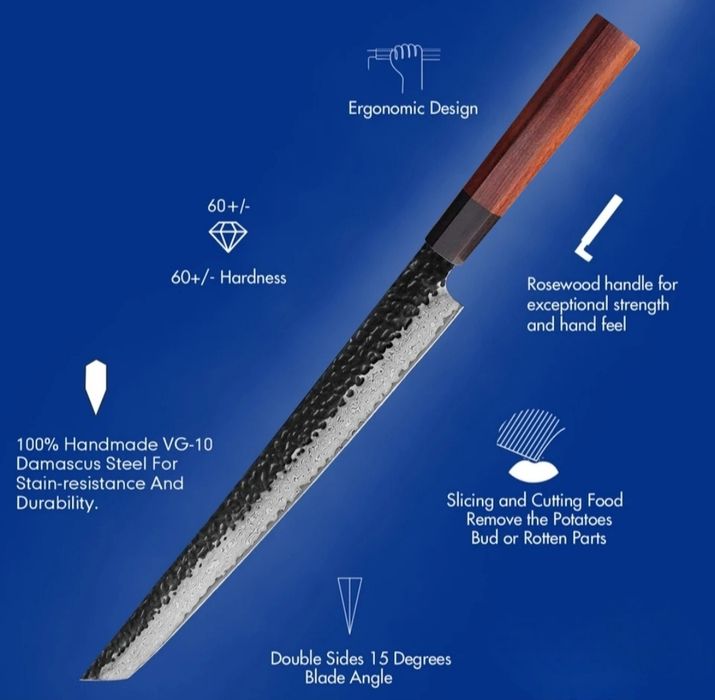 Японський ніж дамаск ручної роботи,для суші,сашимі,янагіба,філе/суши.