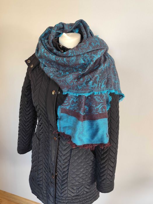 Turkusowo czekoladowy szal vintage wzorzysty szalik damski orientalny