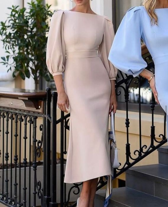 Beżowa midi sukienka kokarda na plecach bufiaste rękawy elegancka 38 M