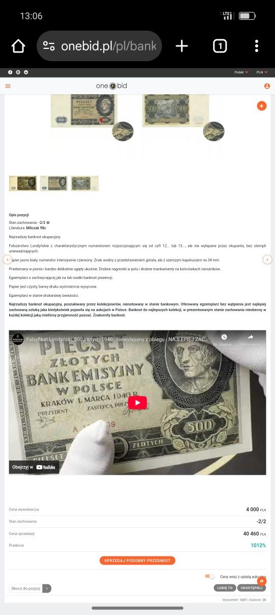 Falsyfikat Londyński Banknot 500 złotych 1940 - Niewyłapany z Obiegu