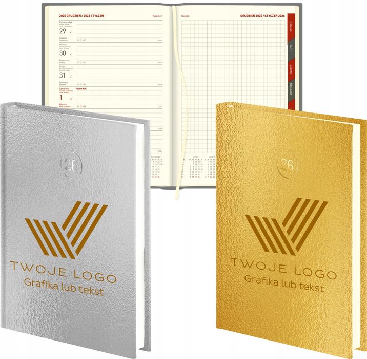 planer z twoim logo grawerem tyg. kalendarz a5 złoty srebrny 2026 25