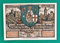 banknot notgeld 20 pfennig , Wartburg , Martin Luther , 1921