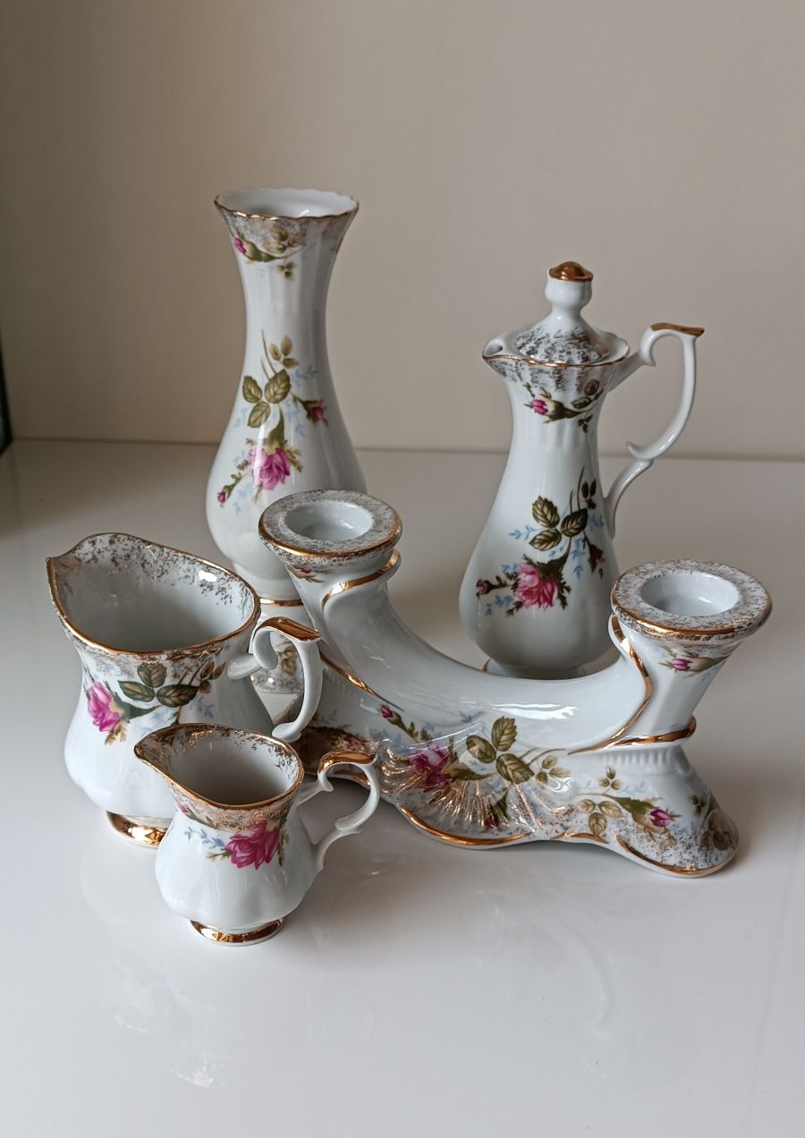 Nowa piękna porcelana Chodzież Róża Iwona złota 5szt świecznik dzbanki