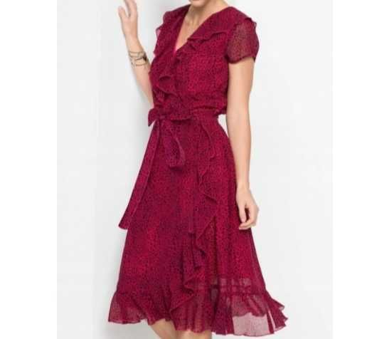 Nowa sukienka elegancka kopertowa midi falbany wzór panterka xs s