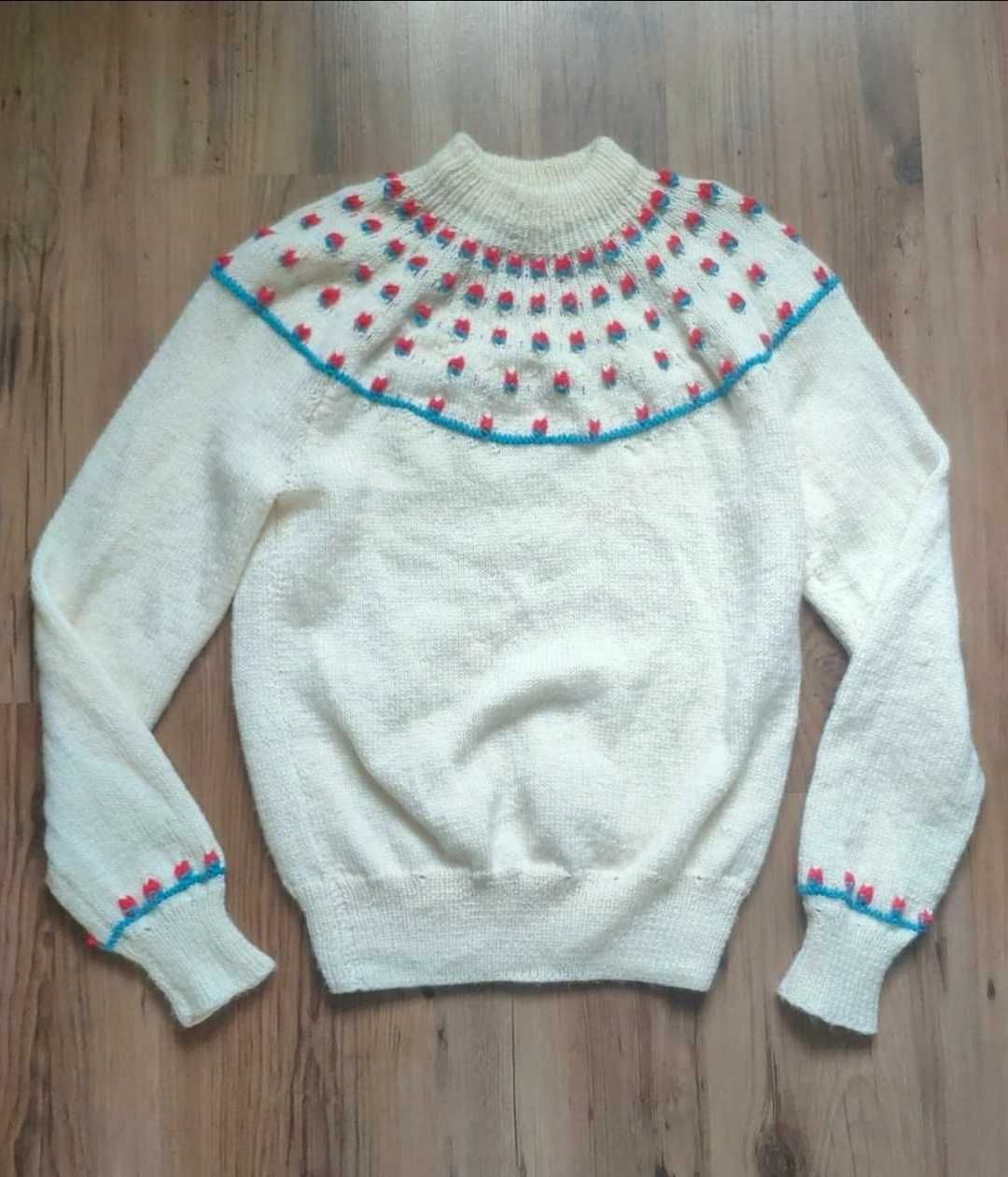 Ręcznie robiony na drutach sweter 34 36 XS S półgolf handmade