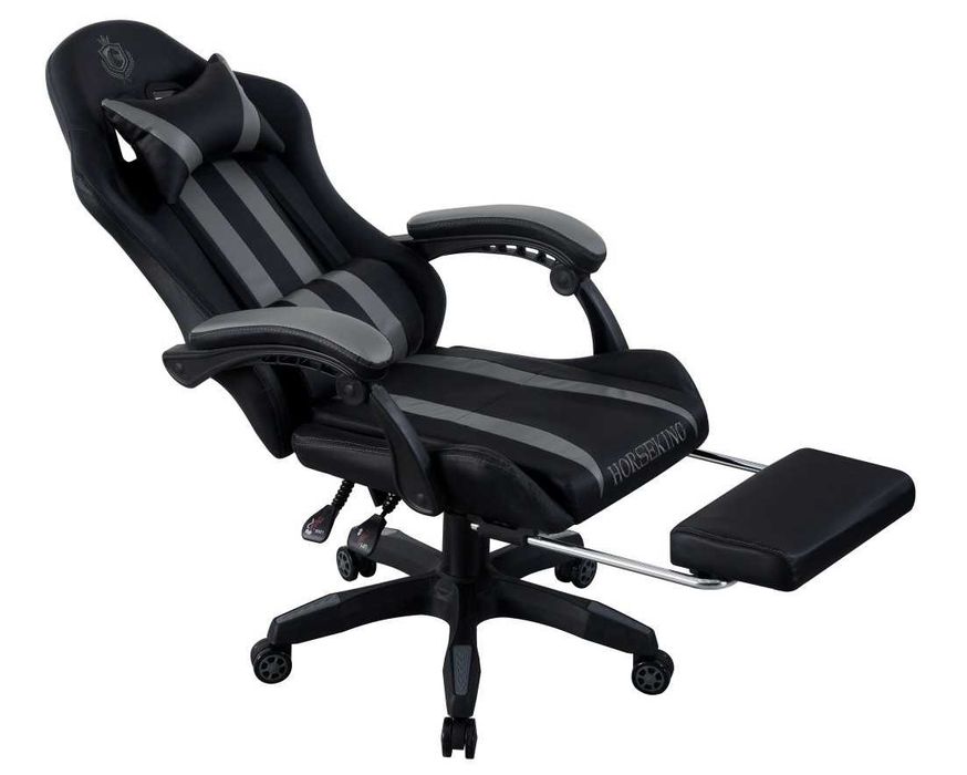 FOTEL GAMINGOWY HORSEKING z podnóźkiem obrotowy  do gry krzesło szary