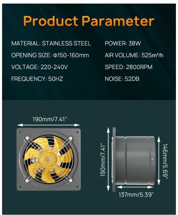 Przemysłowy wentylator wyciągowy 150mm 525 m³/h HG Power szaro-żółty