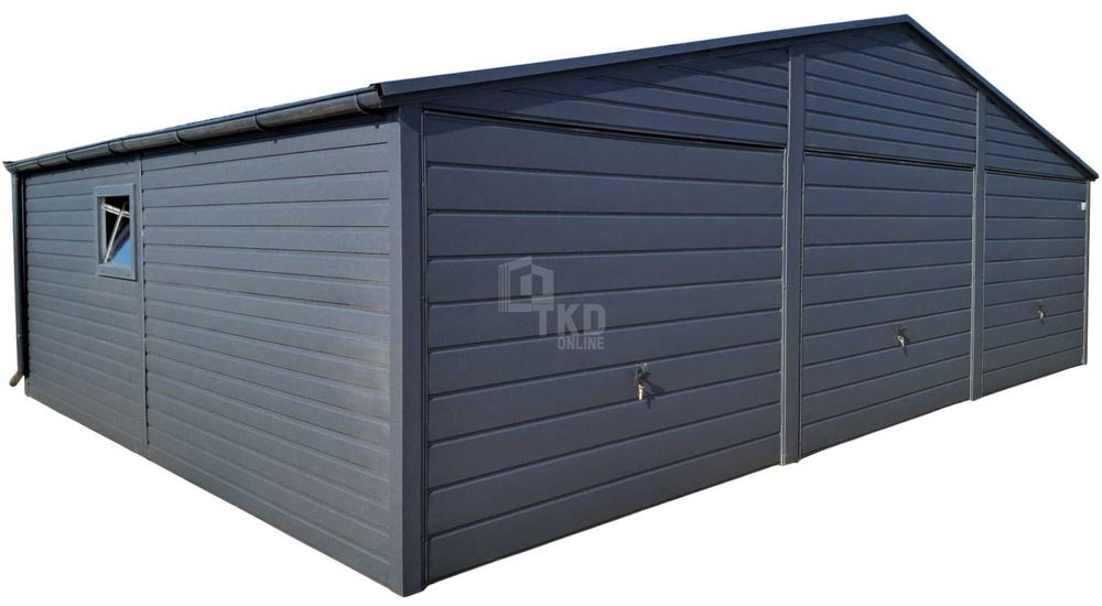 Garaż blaszany 9x6m 3x Brama uchylna okno rynny  dach dwuspad TKD254