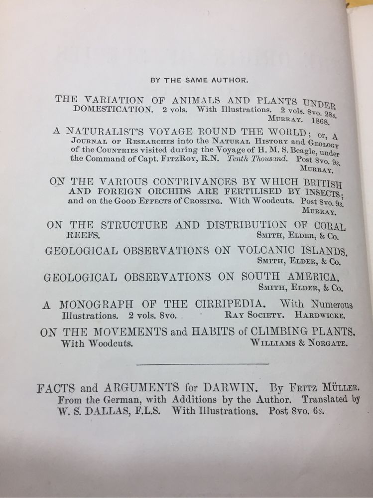 CHARLES DARWIN - On the Origin of Species 1869 - London 5th ed