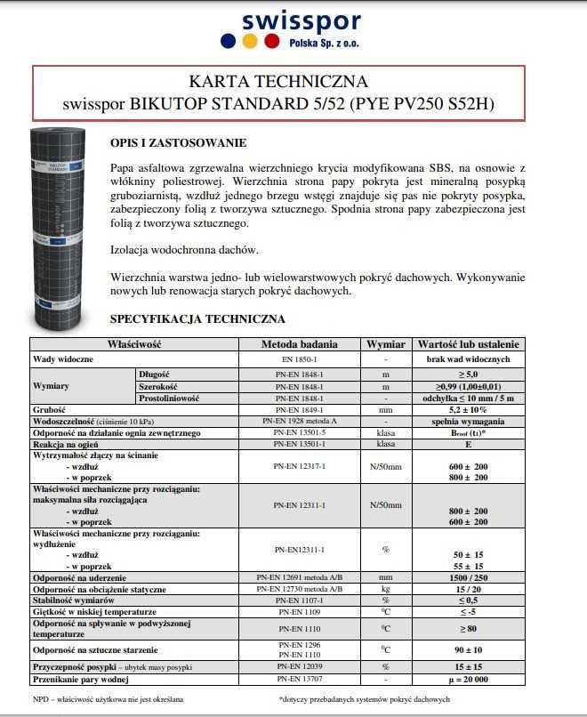 Papa Swisspor BIKUTOP STANDARD 5/52 (PYE PV250 S52H) 19,70 PLN za 1m2