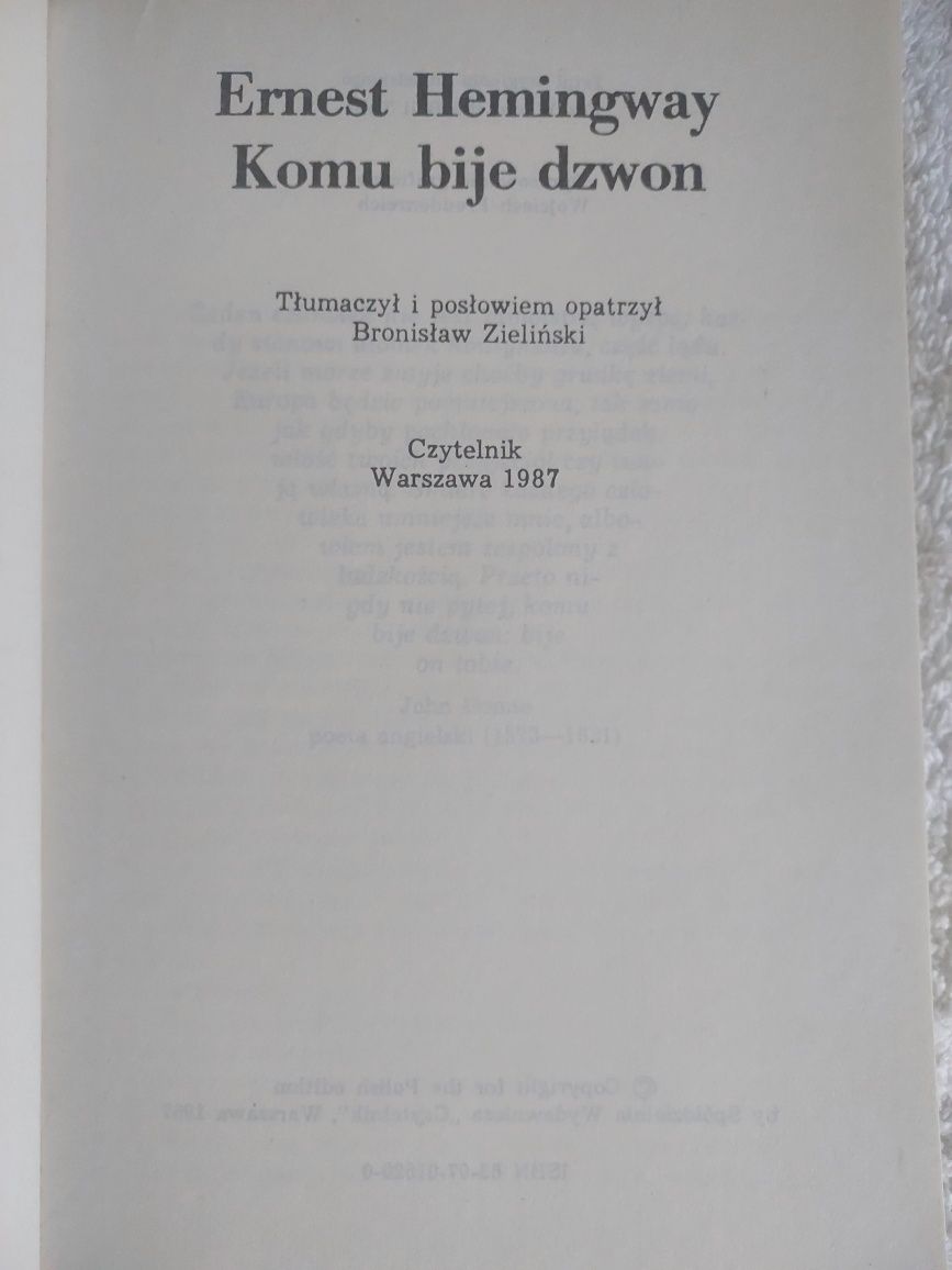 Książka Ernest Hemingway Komu biję dzwon