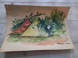 Akwarela obraz stara 1965 Marszan pole namiotowe