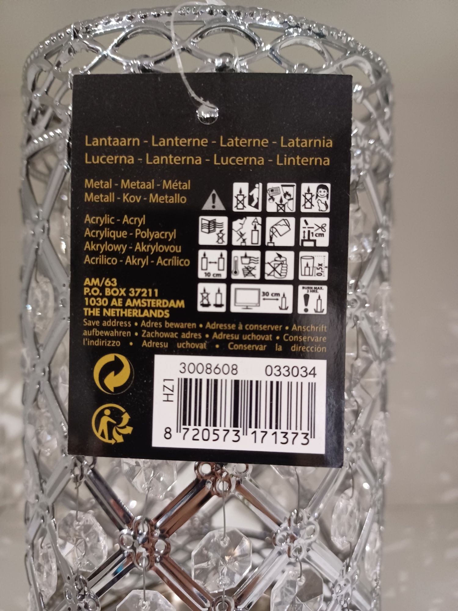 Srebrny świecznik z kryształkami Metalowa latarnia na świecę Glamour